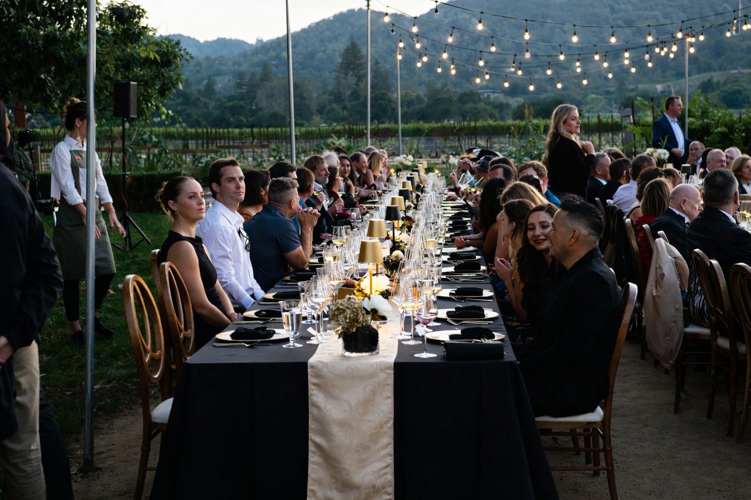 Guests seated at a long table under string lights in the vineyard at dusk