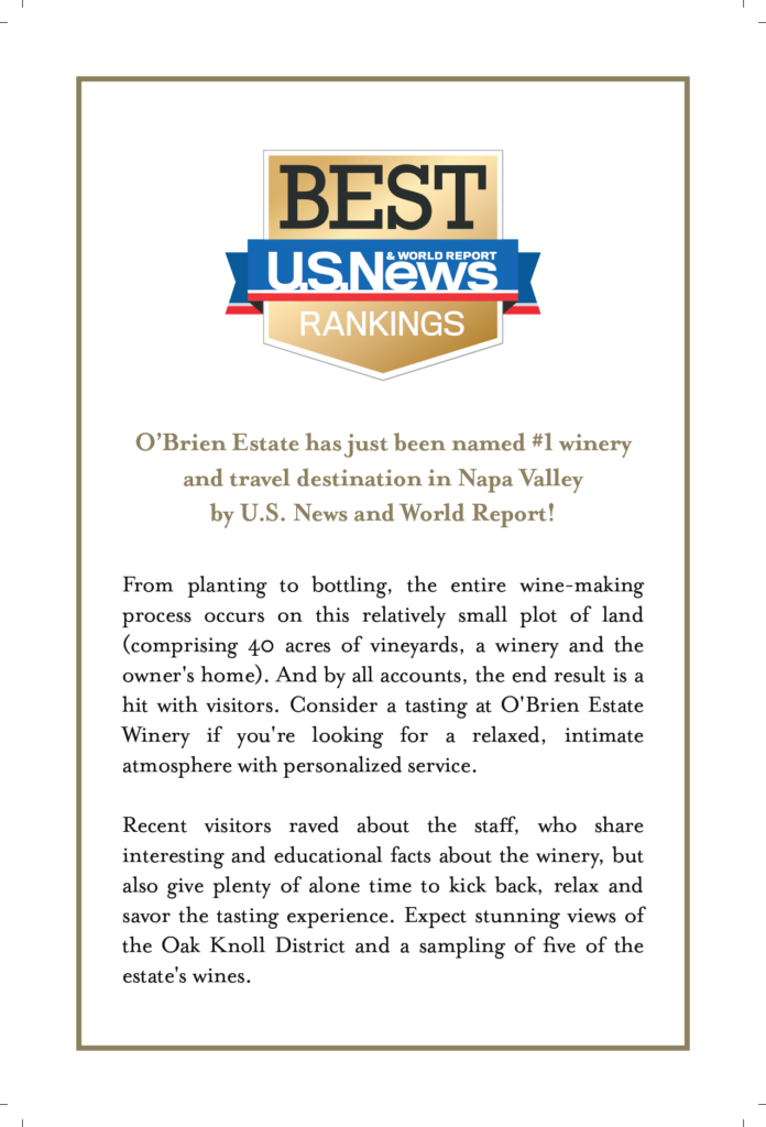 US News World Report article on O'Brien Estate as #1 Napa Destination.