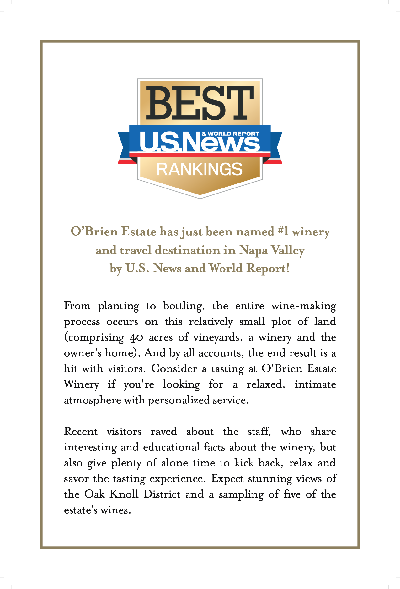 US News World Report article on O'Brien Estate as #1 Napa Destination.