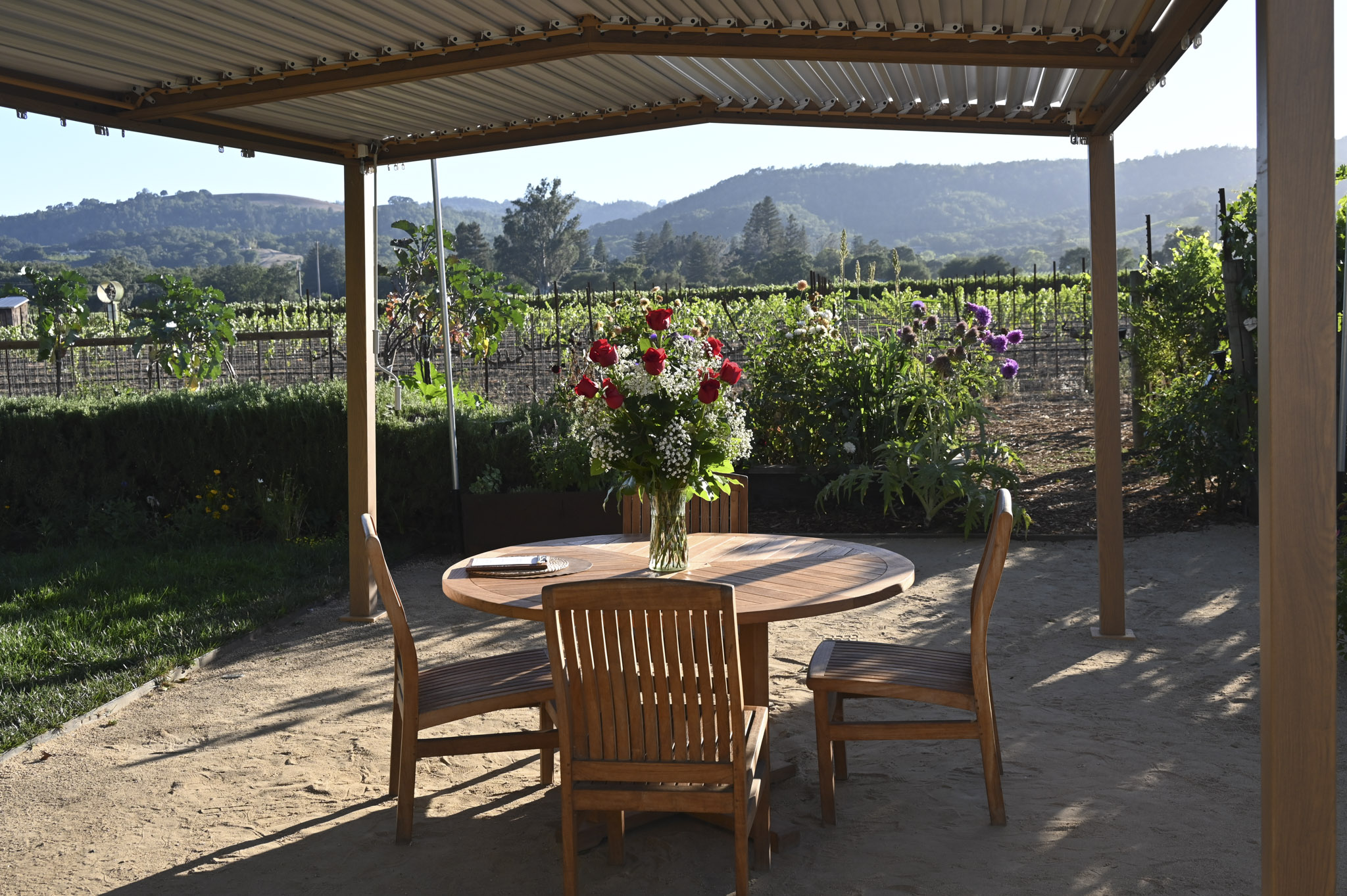 The west gazebo table at O'Brien Estate under a louvered pergola, with the kitchen garden and vineyard behind